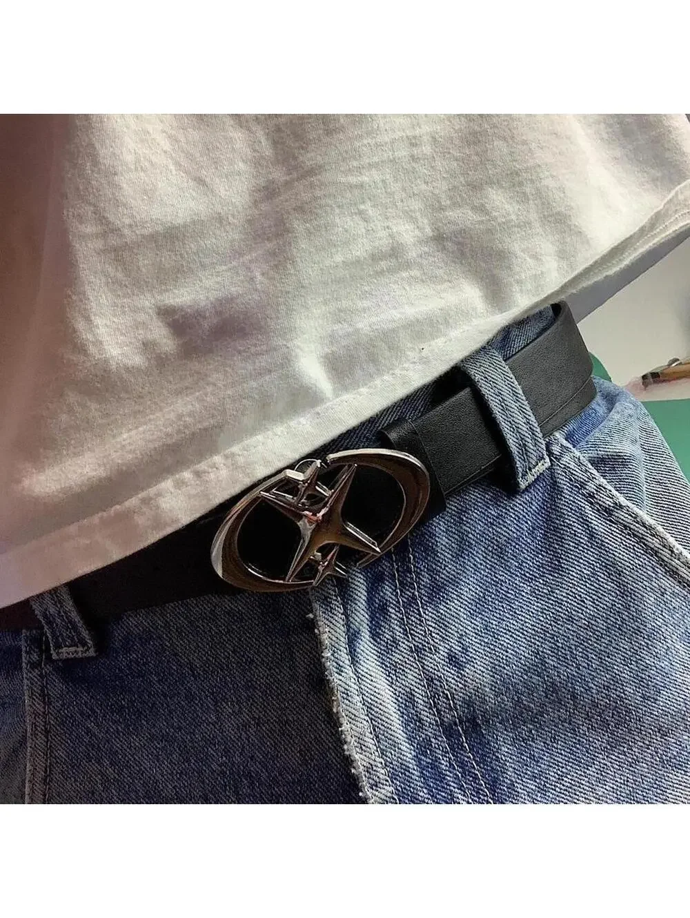 Vintage 2000s y2k style Punk futuristic Moon Star Buckle Belt. 41.5 inches
